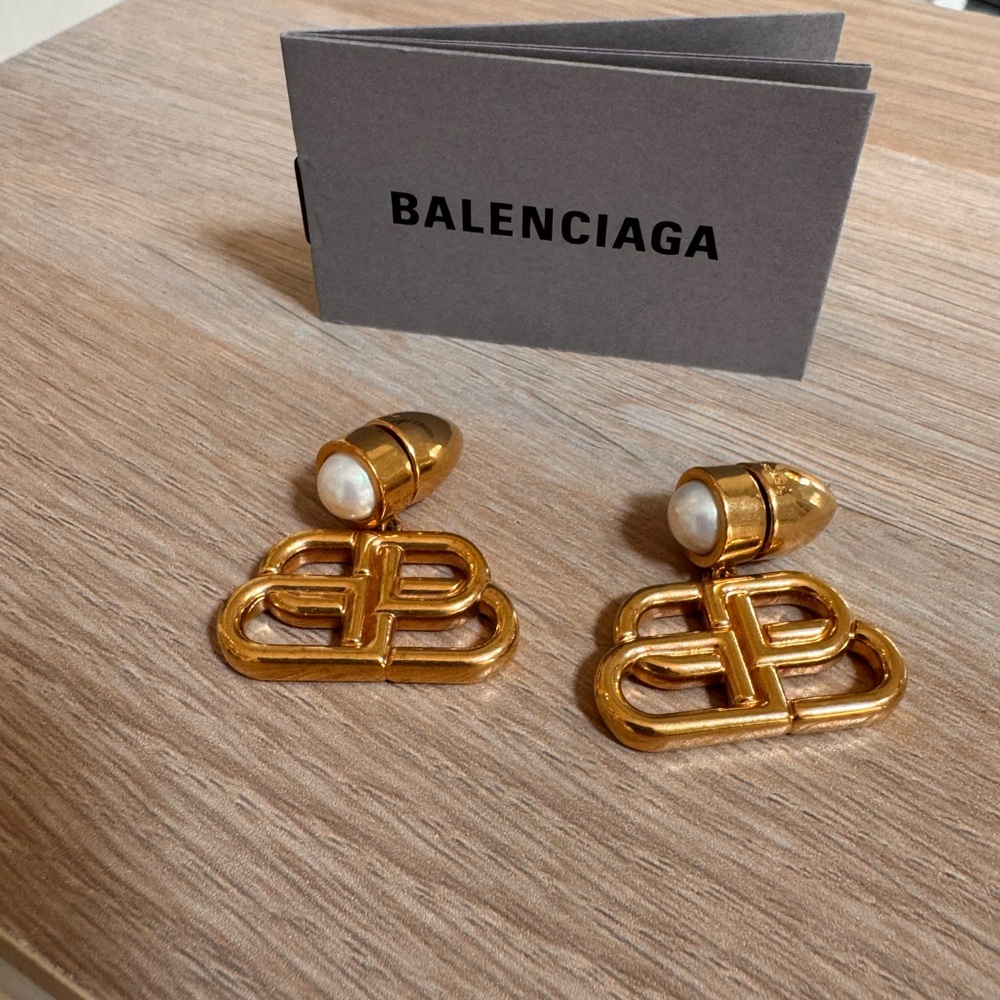 Balenciaga Gold Logo Drop Earrings with Pearl Accents - Picture 4 of 4